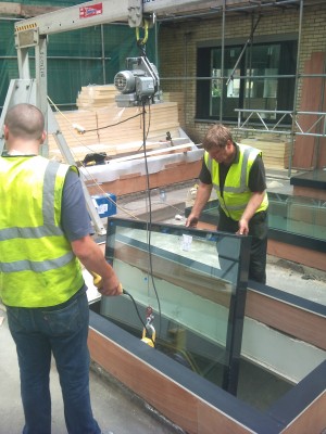 Vacuum lifter prepared for moving a large glass panel